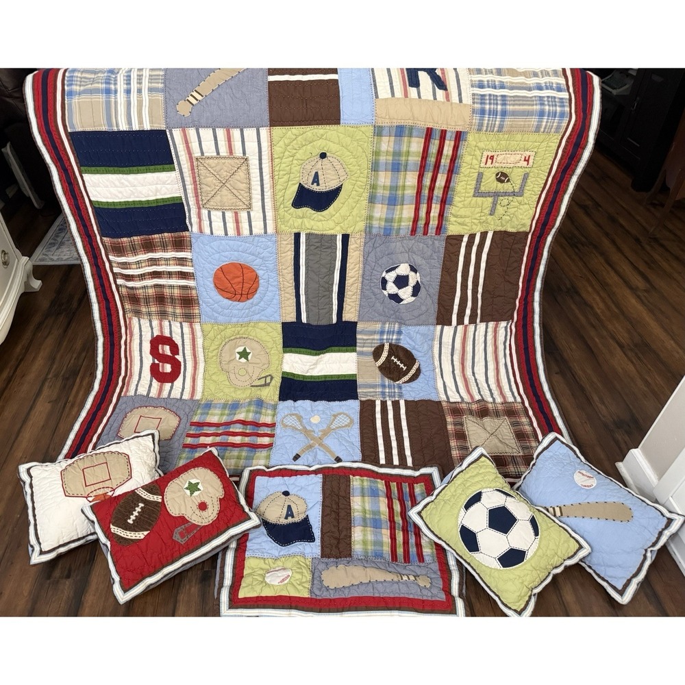 6 pc POTTERY BARN KIDS Twin Quilt Sham Pillows Varsity Sports Plaid Patchwork